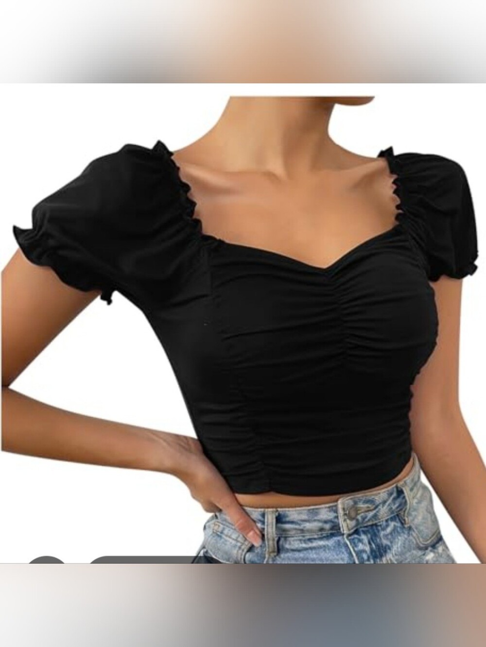 TRESSER Black Ruched Sweetheart Crop Top - Women Tops SZ S
